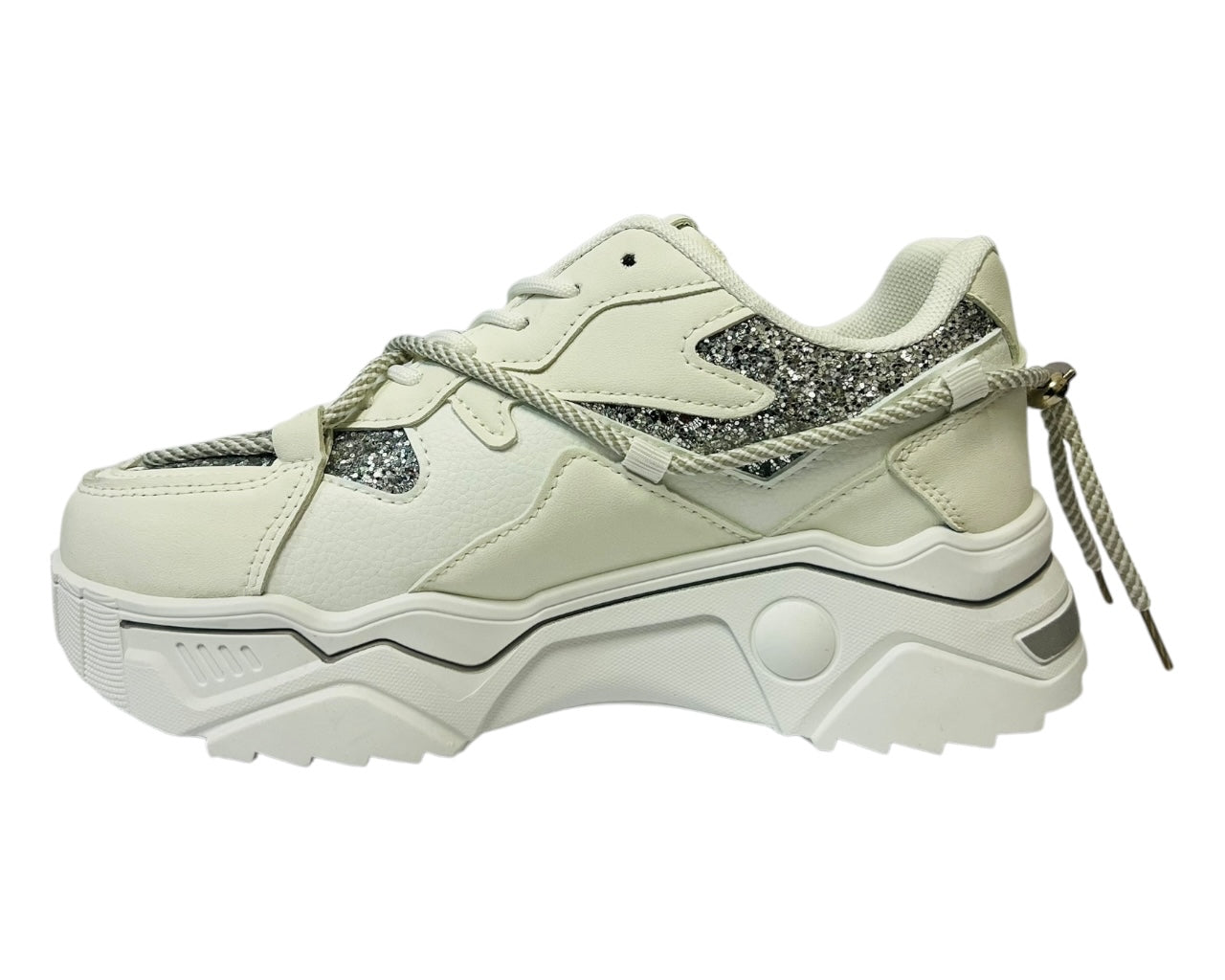 Women's Faux Leather Chunky Sole Lace Up Sparkle Trainers