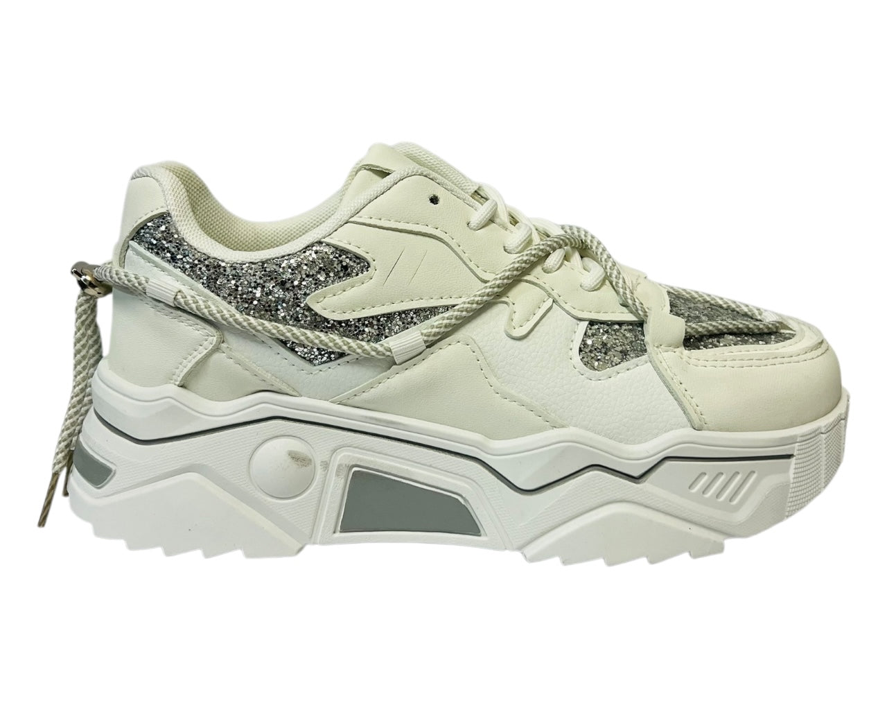 Women's Faux Leather Chunky Sole Lace Up Sparkle Trainers