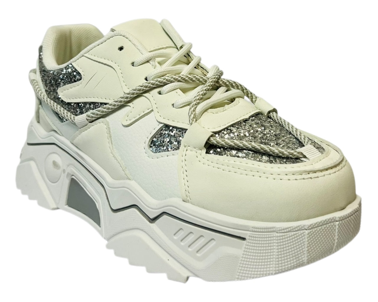 Women's Faux Leather Chunky Sole Lace Up Sparkle Trainers