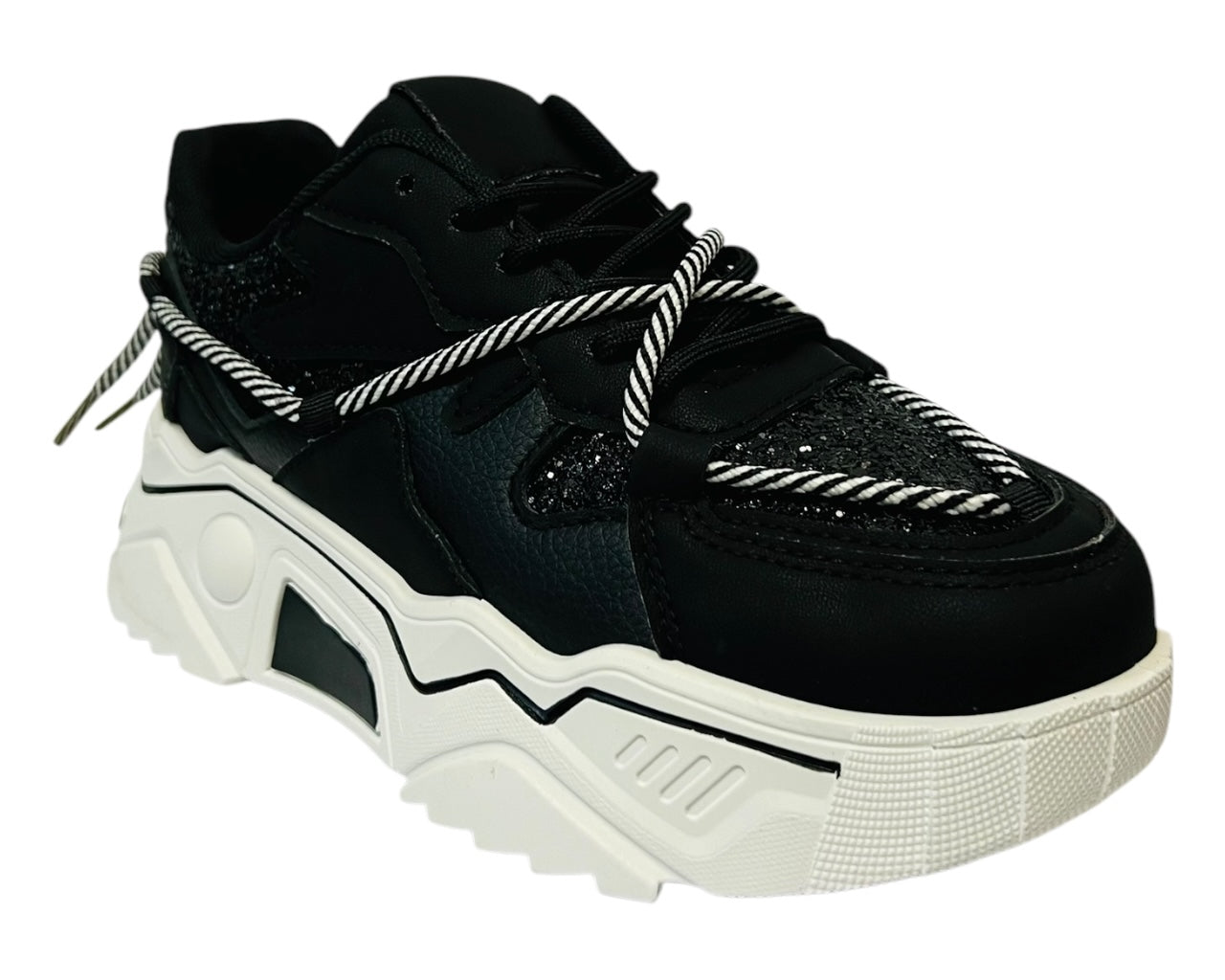 Women's Faux Leather Chunky Sole Lace Up Sparkle Trainers