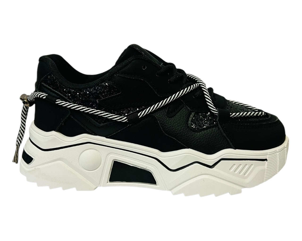 Women's Faux Leather Chunky Sole Lace Up Sparkle Trainers