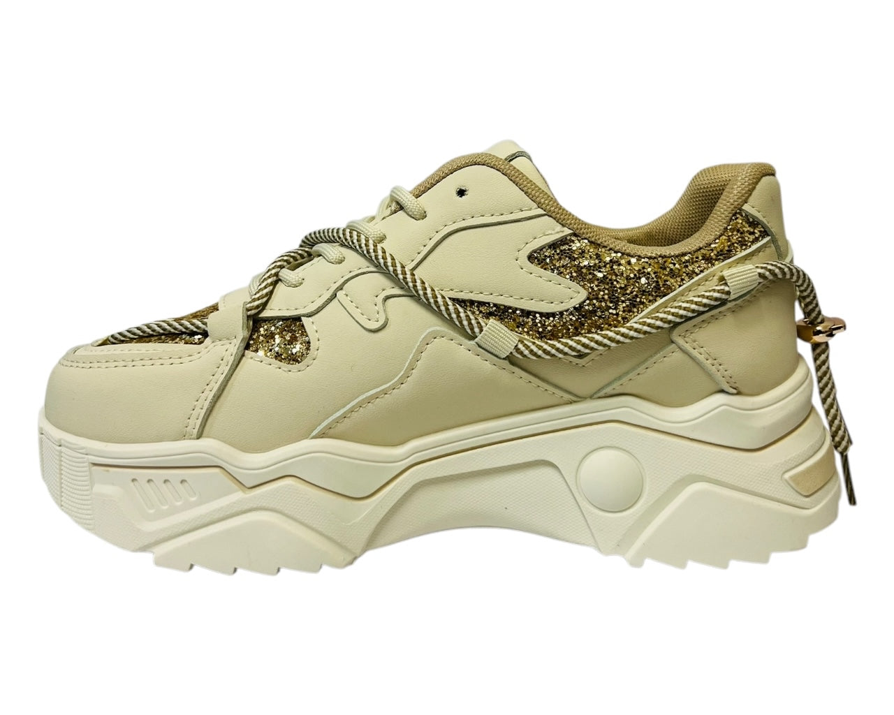 Women's Faux Leather Chunky Sole Lace Up Sparkle Trainers