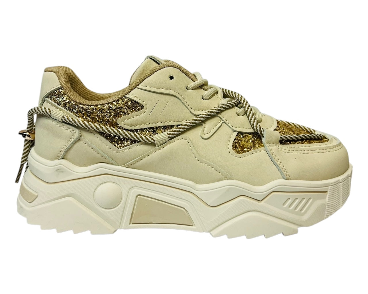 Women's Faux Leather Chunky Sole Lace Up Sparkle Trainers