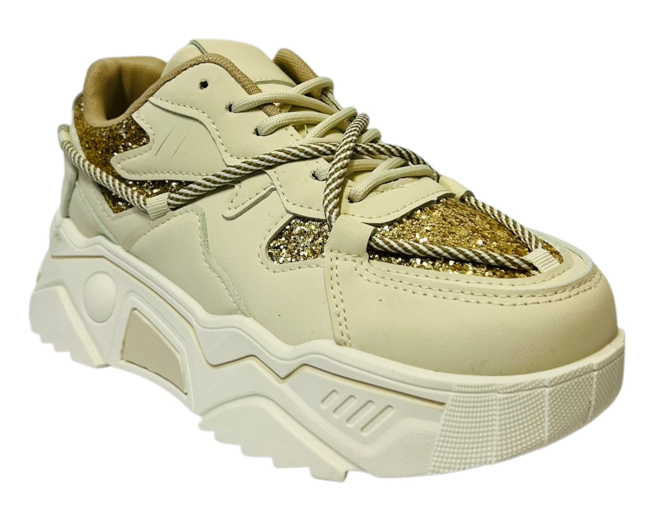 Women's Faux Leather Chunky Sole Lace Up Sparkle Trainers