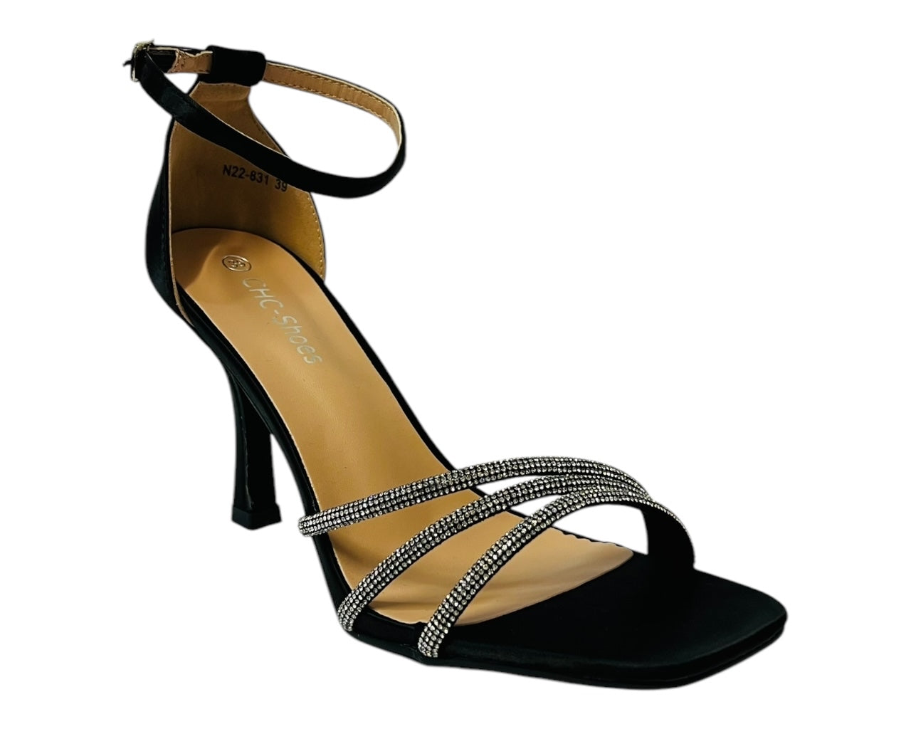 Women's Rhinestone Decor Spool Heels With 3 Strass Straps Heel Shoes