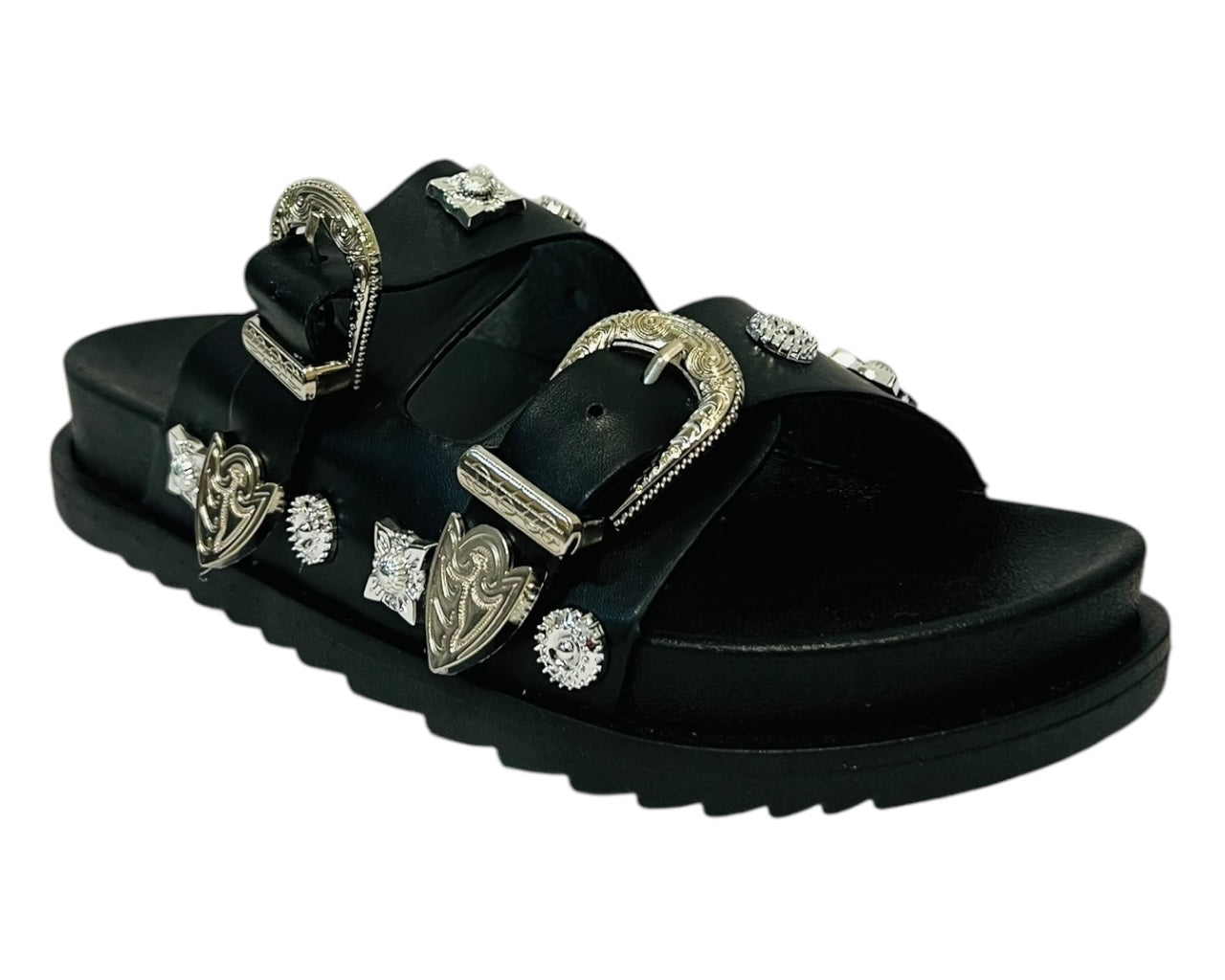 Women's Faux Leather Flat Studded Sliders