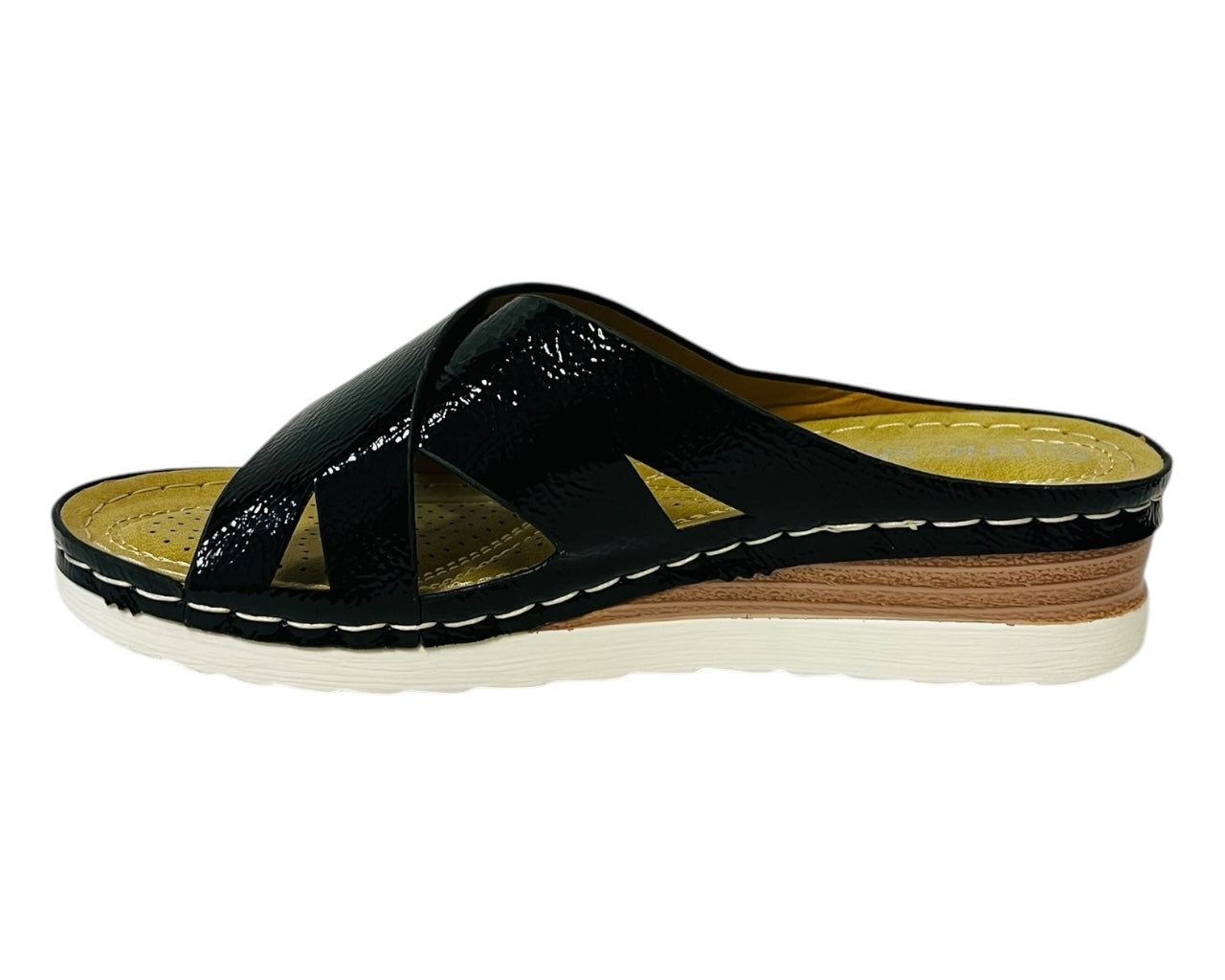 Women's Lightweight Cross Strap Patent Wedge Slider