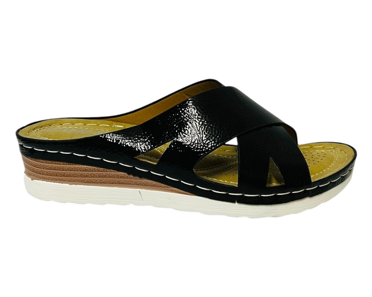 Women's Lightweight Cross Strap Patent Wedge Slider