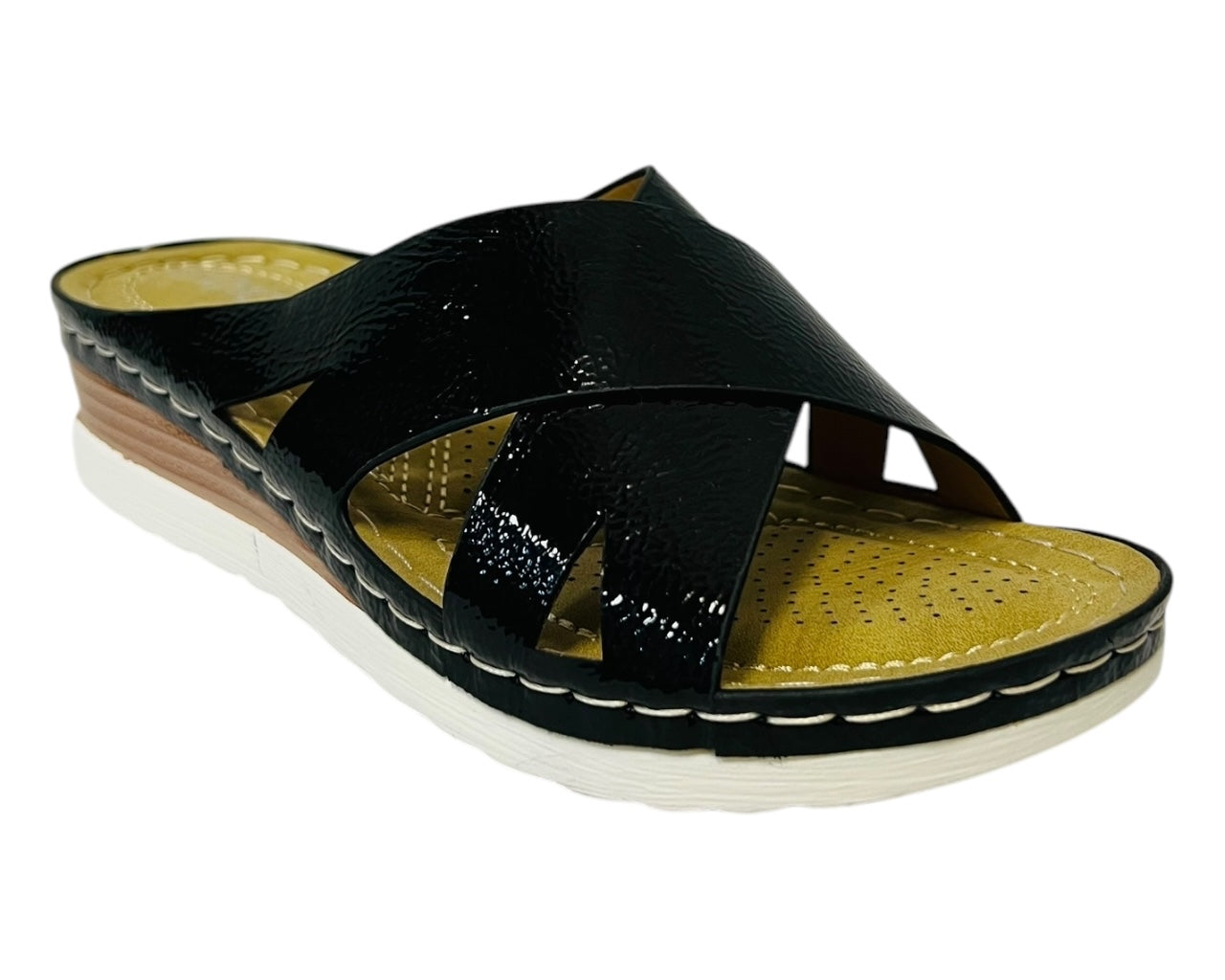 Women's Lightweight Cross Strap Patent Wedge Slider