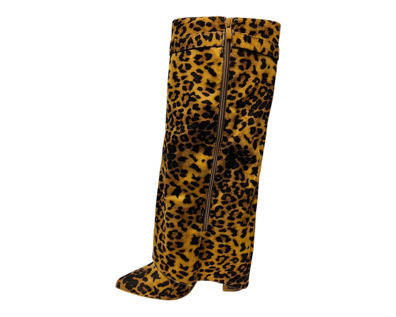 Faux Suede Calf High Fold Over Block Heel Boots