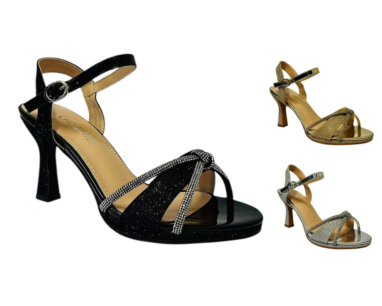 Women's Rhinestone Glitter Ankle Strap Spool Heel Shoes