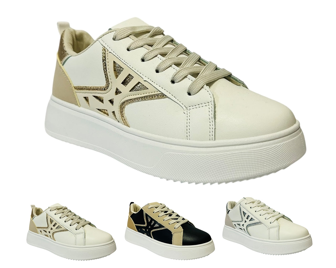 Women's Faux Leather Laser Cut Lace Up Trainers