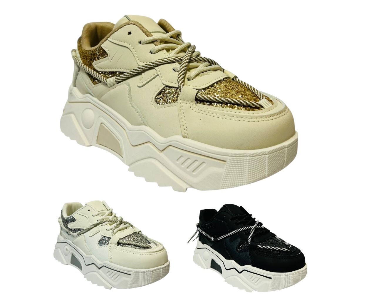 Women's Faux Leather Chunky Sole Lace Up Sparkle Trainers