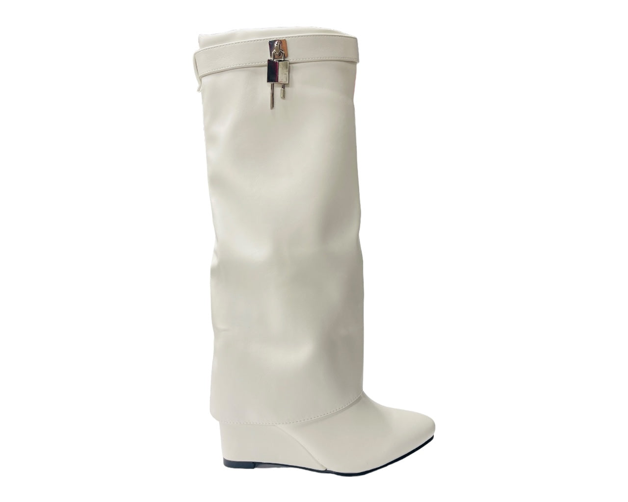 Faux Leather Fold Over Wedge Heel Boots
