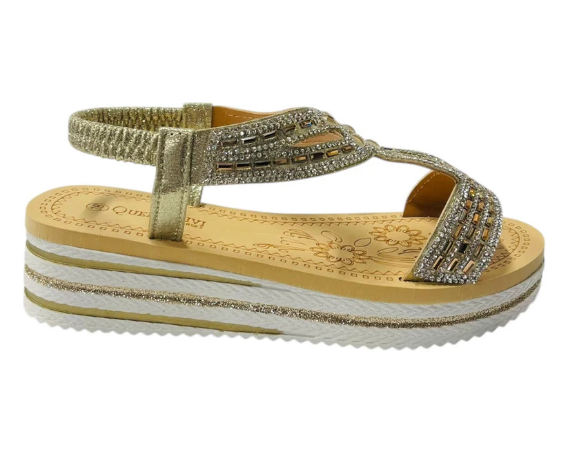 Women's Elastic Ankle Strap Diamante Wedge Sandals