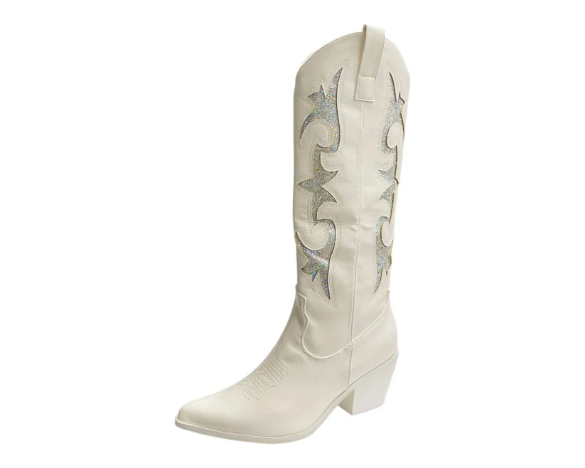 Women's Faux Leather Sequins Embroidery Cowboy Boots