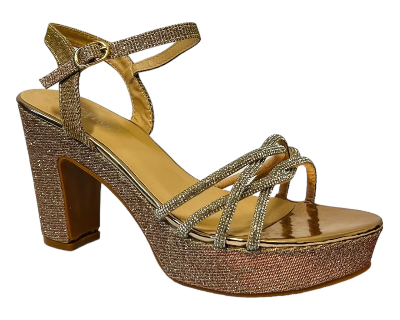 Women's Glitter Block Platform Ankle Strap Heel Shoes