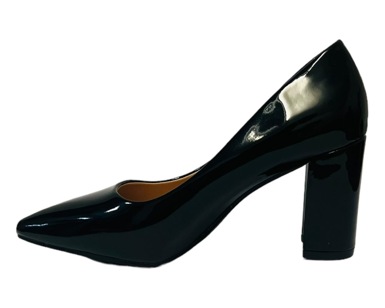Block Heel Faux Patent Court Shoes