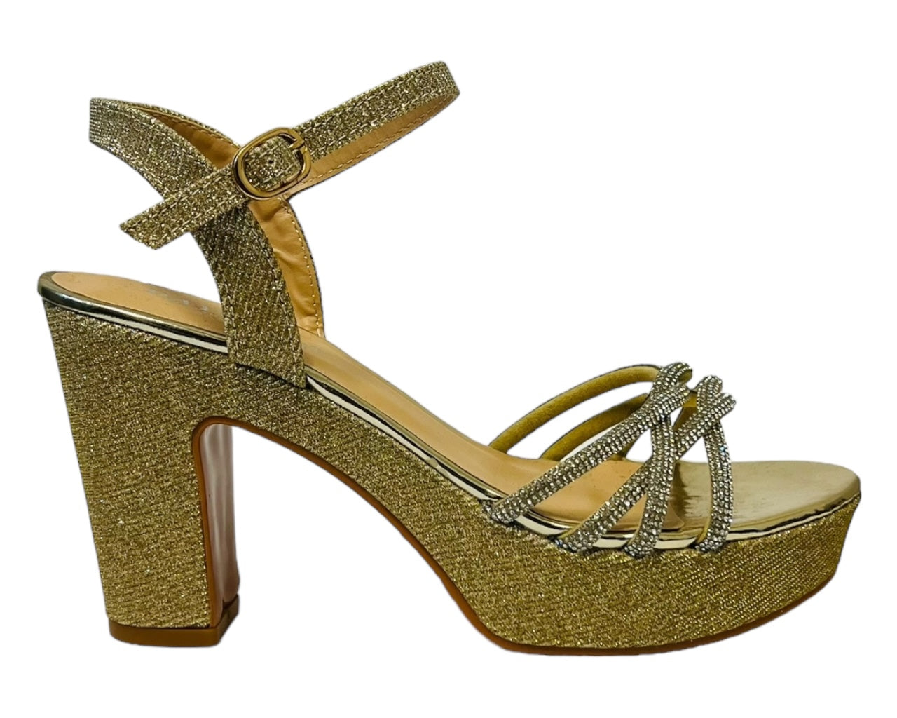Women's Glitter Block Platform Ankle Strap Heel Shoes