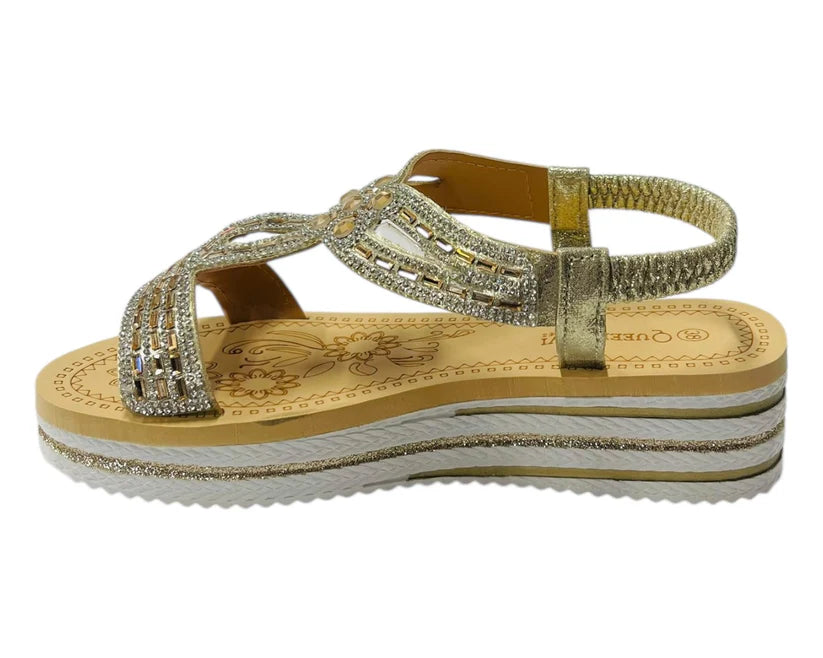 Women's Elastic Ankle Strap Diamante Wedge Sandals