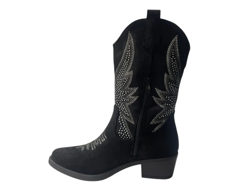 Embroidered faux suede cowboy-style ankle boots