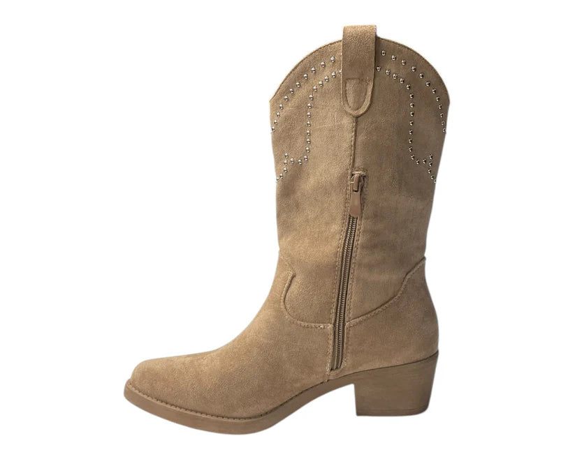 Mid Calf Stud Fringe Faux Suede Cowboy Boots
