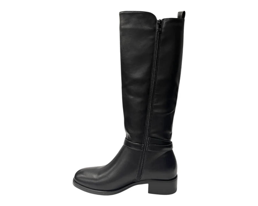 Knee High Faux Leather Elastic Panel Flat Sole Boots