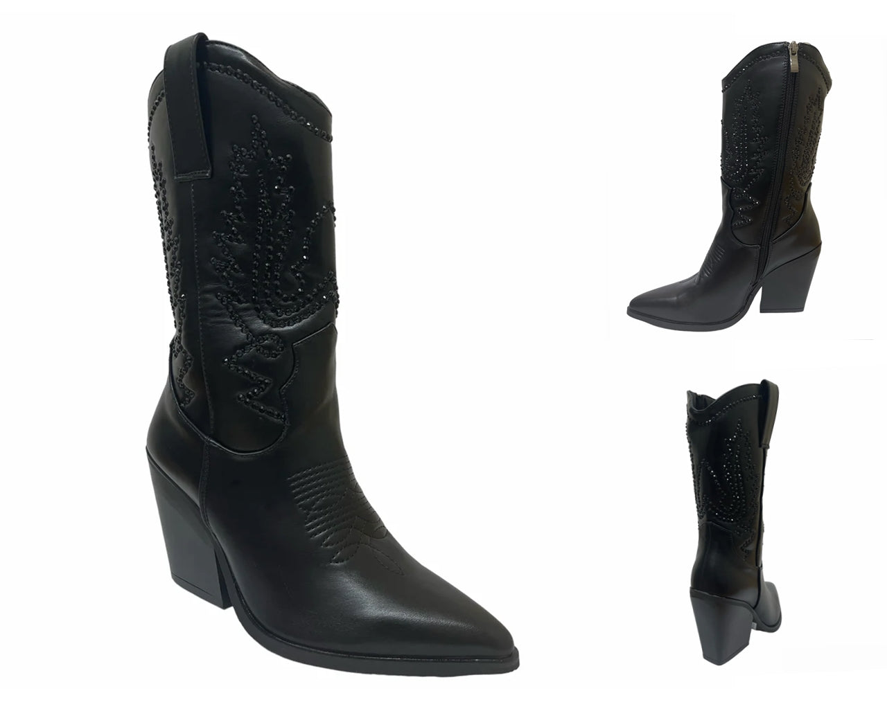 Women's Mid Calf Cowboy Embroidery Diamante Boots Black