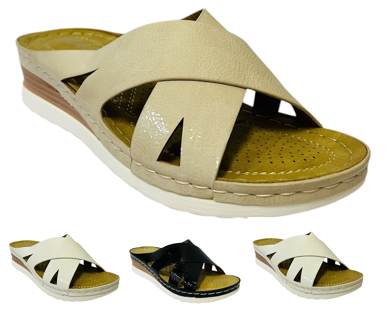 Women's Lightweight Cross Strap Patent Wedge Slider