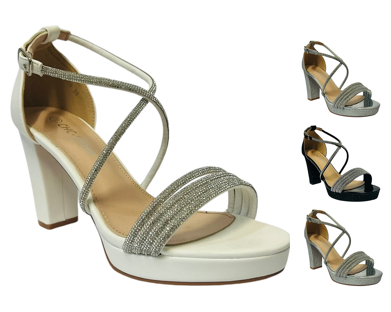 Women's Ankle Strap Diamante Block Heel Shoes