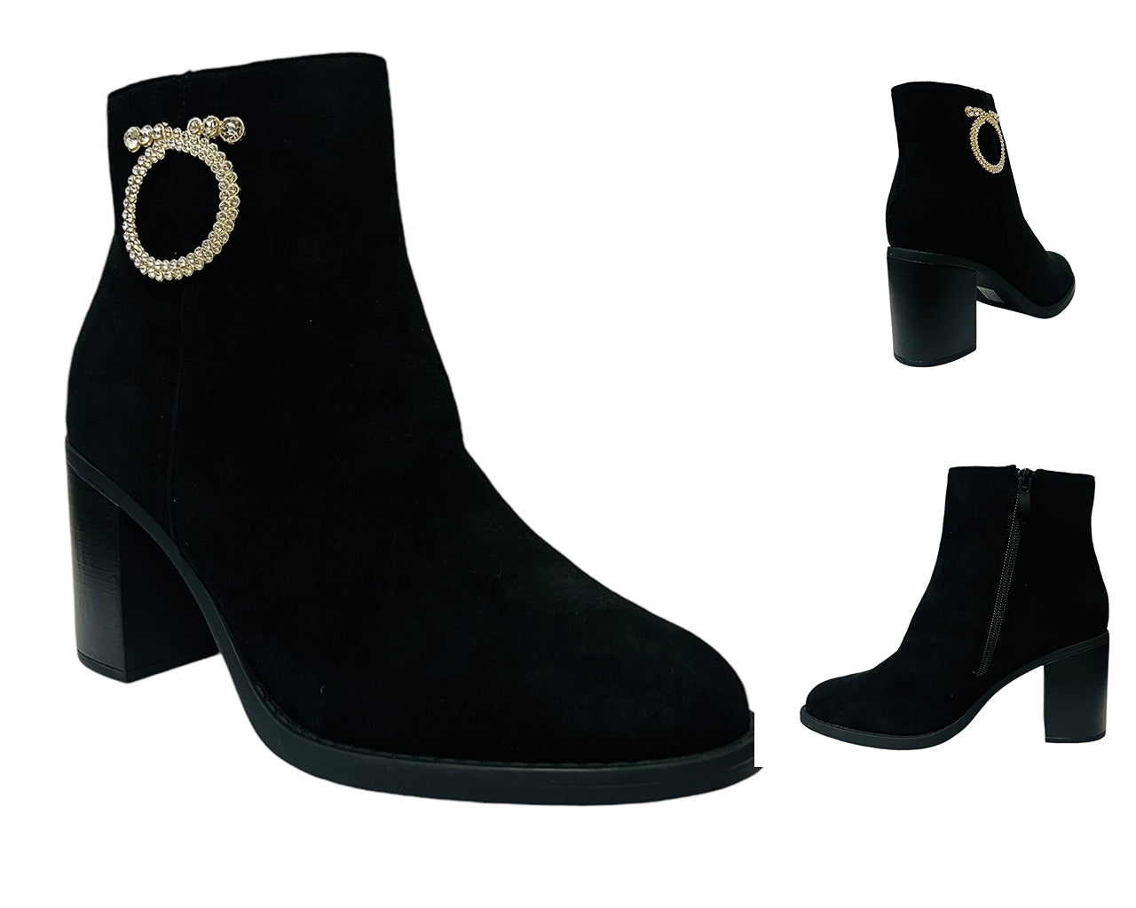 Women's Block High Heels Zip Ankle Boots Black Suede