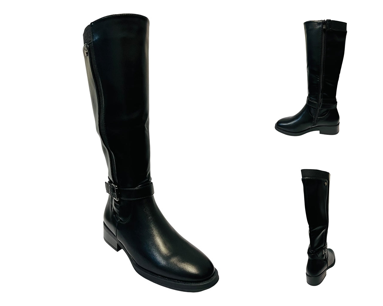 Women's 6301 Faux Leather Knee High Stretch Zip Boots Black