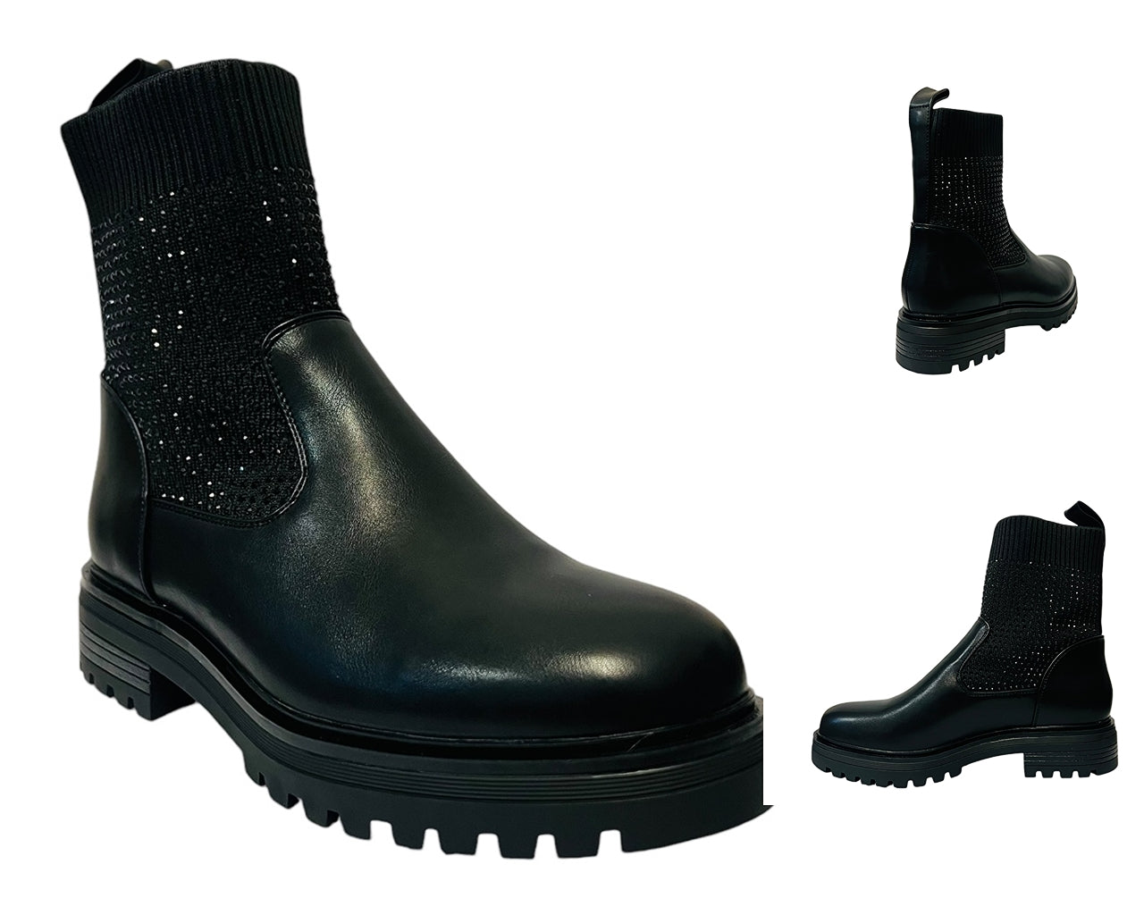 Women's Rhinestone Faux Leather Stretch Ankle Boots