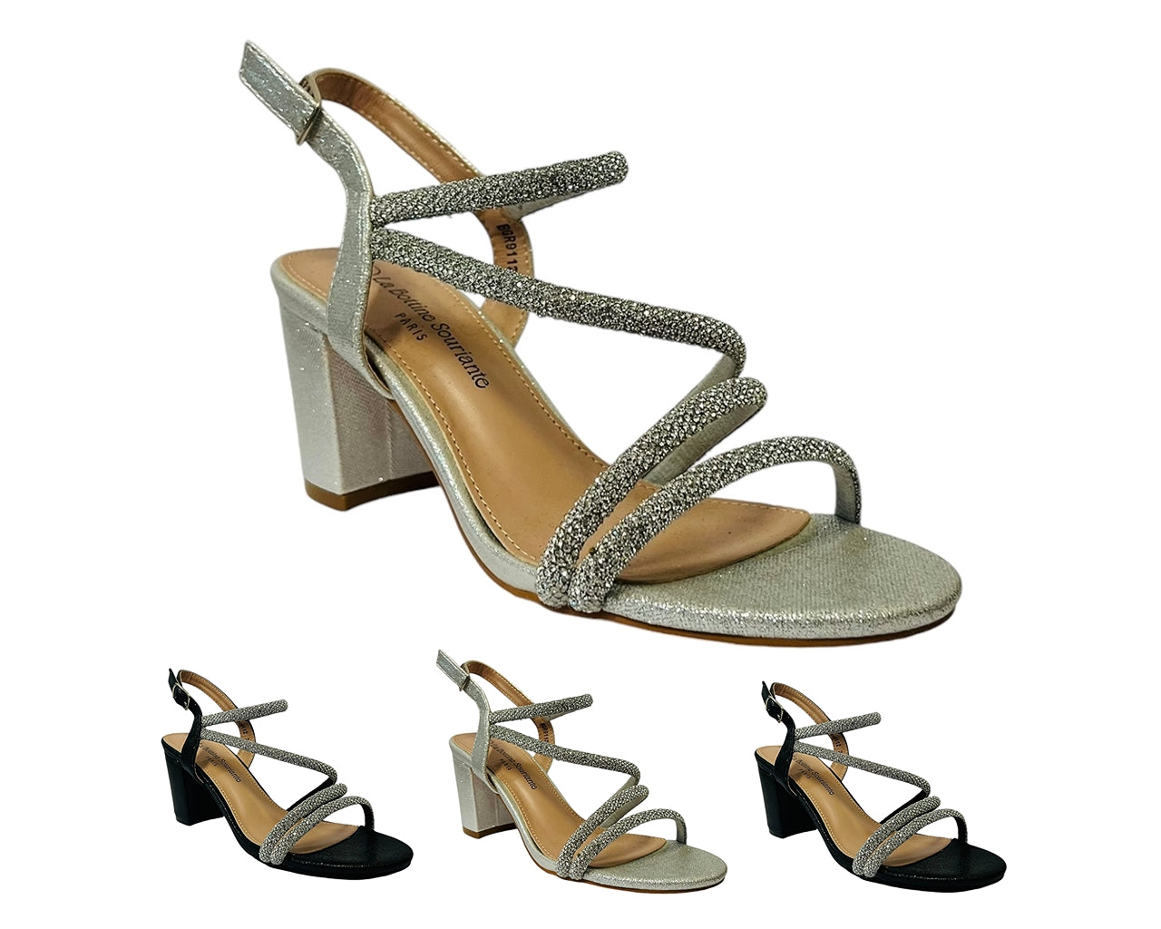 Women's Stretch Glitter With Rhinestone Ankle Strap Closed Toe Flat Heel Evening Shoes