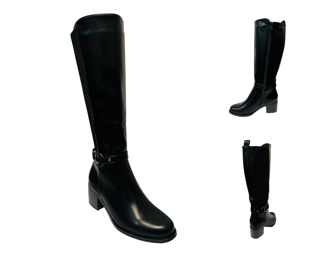 Women's CHC335 Faux Leather Block Heel Knee High Stretch Zip Boots Black