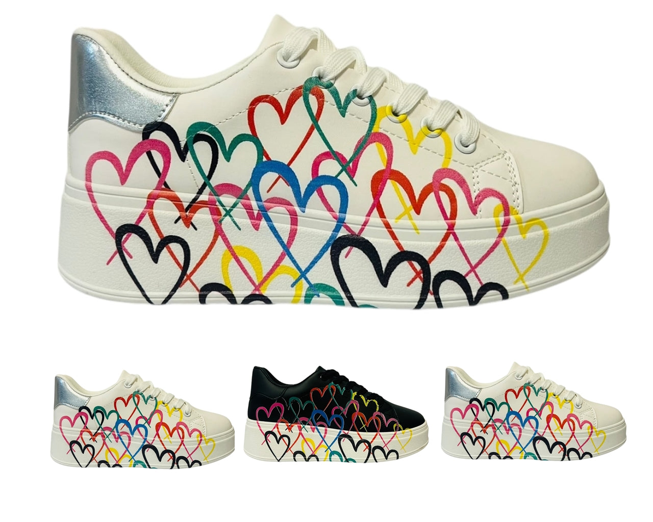 Faux Leather Heart Design Chunky Sole Lace Up Trainers