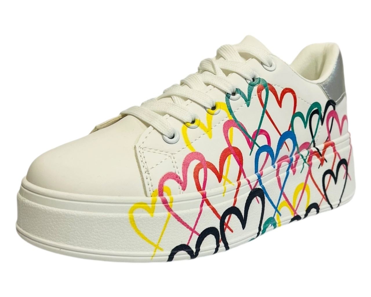 Faux Leather Heart Design Chunky Sole Lace Up Trainers
