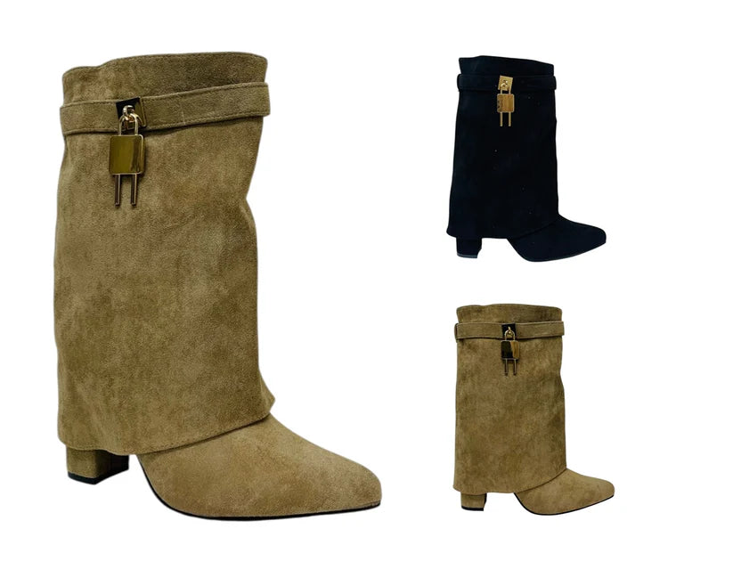 Faux Suede Fold Over Padlock Ankle Boots