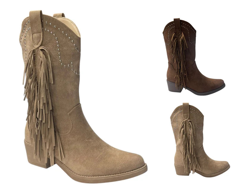 Mid Calf Stud Fringe Faux Suede Cowboy Boots