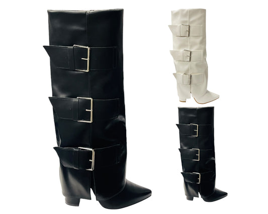 Faux Leather Buckle Strap Fold Over Boots