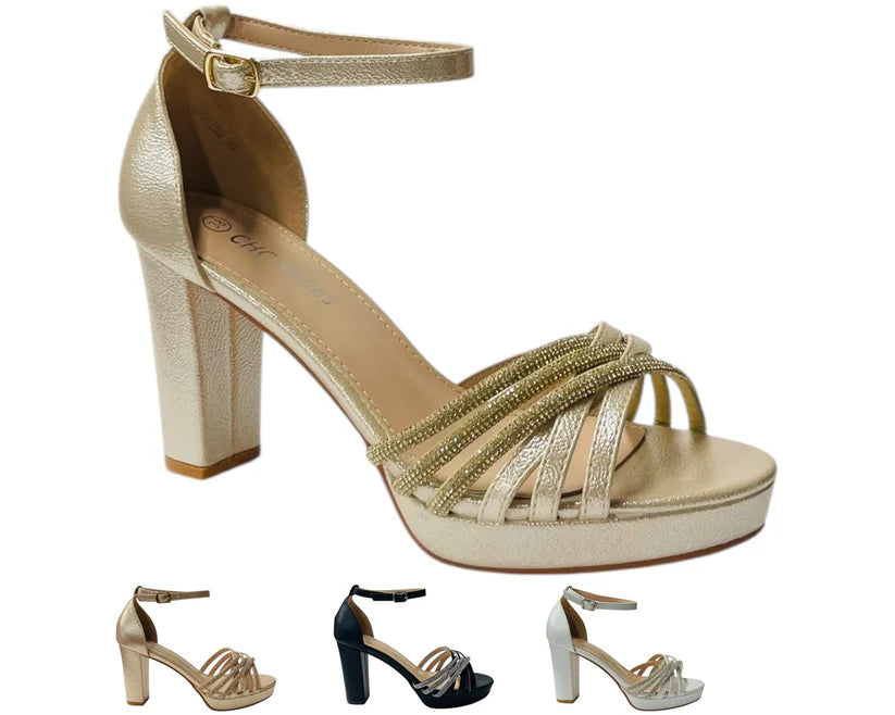 Diamante Block Heel Glitter Crossover Strap Shoes