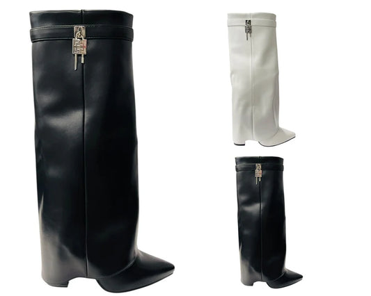 Fold-Over Knee-High Boots Featuring Padlock Accents and Block Heels