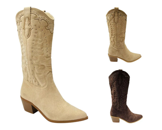 Western Embroidered Mid Calf Cowboy Boots