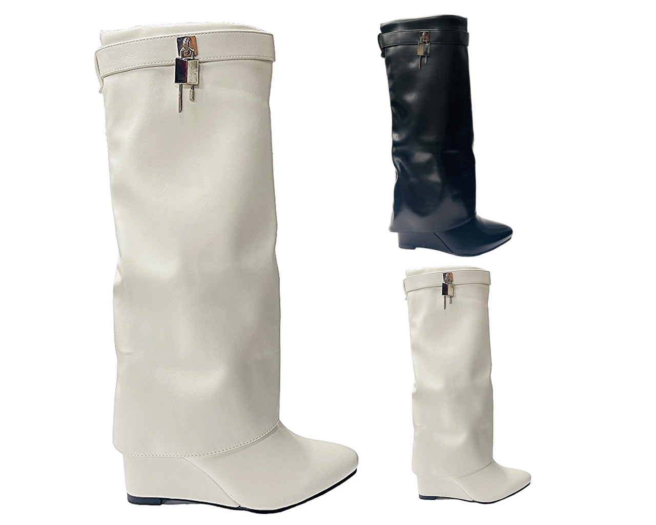 Faux Leather Fold Over Wedge Heel Boots