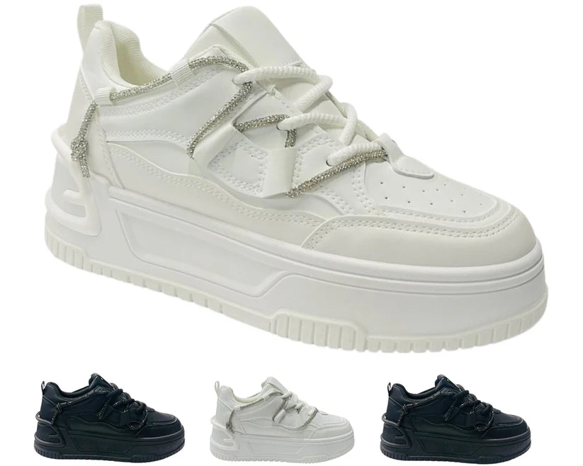Platform Faux Leather Diamante Lace Up Trainers