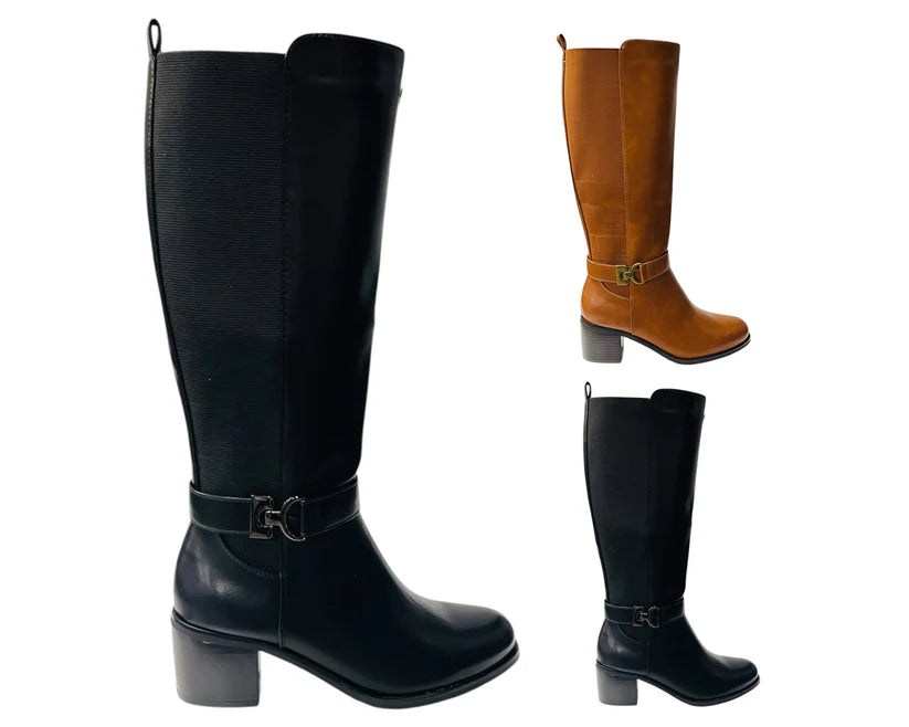 Faux Leather Elastic Panel Zip Knee High Boots