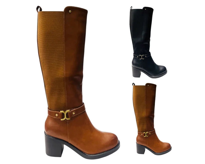 Faux Leather Stretch Panel Zip Knee High Boots