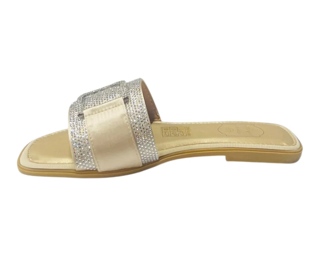 Women's Diamante Cushioned Insole Open Toe Flat Slider