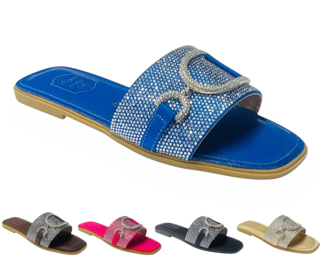 Women's Diamante Cushioned Insole Open Toe Flat Slider