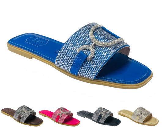 Women's Diamante Cushioned Insole Open Toe Flat Slider